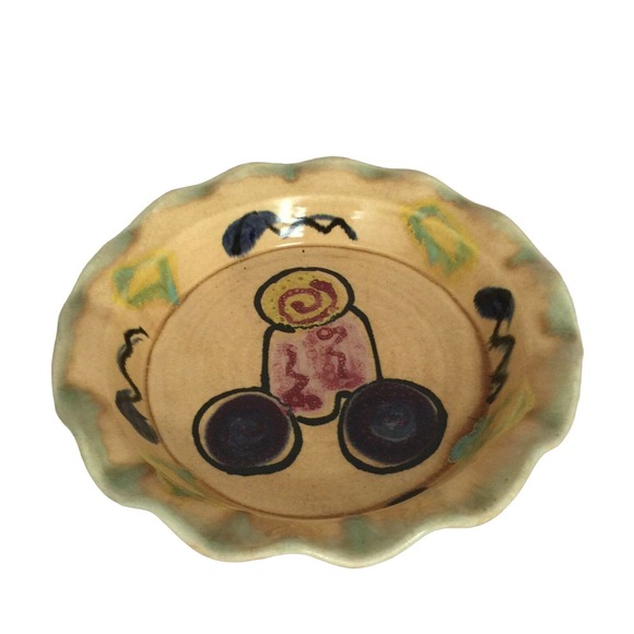 Multicolor Abstract Signed Baking Dish Crackle Paint Pottery Casserole Ruffled - Picture 1 of 5